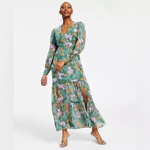 Bar III Plus Floral Chiffon Long-Sleeve Maxi Dress